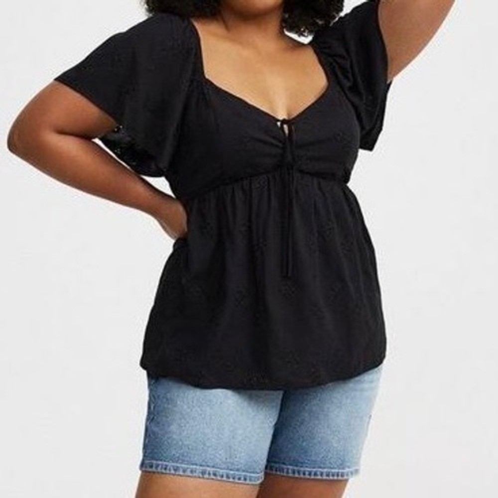 Torrid Size 2X Babydoll Blouse Black Eyelet Flutter Sleeve Bow Back Womens Top